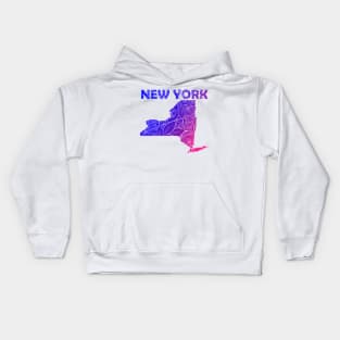 Colorful mandala art map of New York with text in blue and violet Kids Hoodie